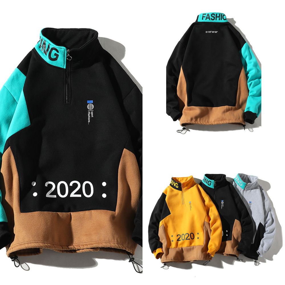 

Sleeve Mens Collar Sweatshirt Fashion Print Long Patchwork Men Stand Pullover Male Loose Casual Tops Jacket coat, Black