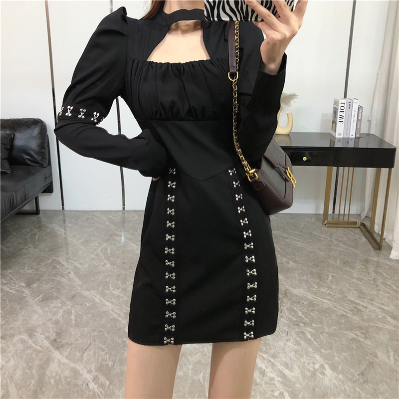 

2021 New Gothic Women's Fashions Rebite Square Turtleneck Retro Slimming Short Sleeves Long Black Waist Tall Straight Dress EFG8