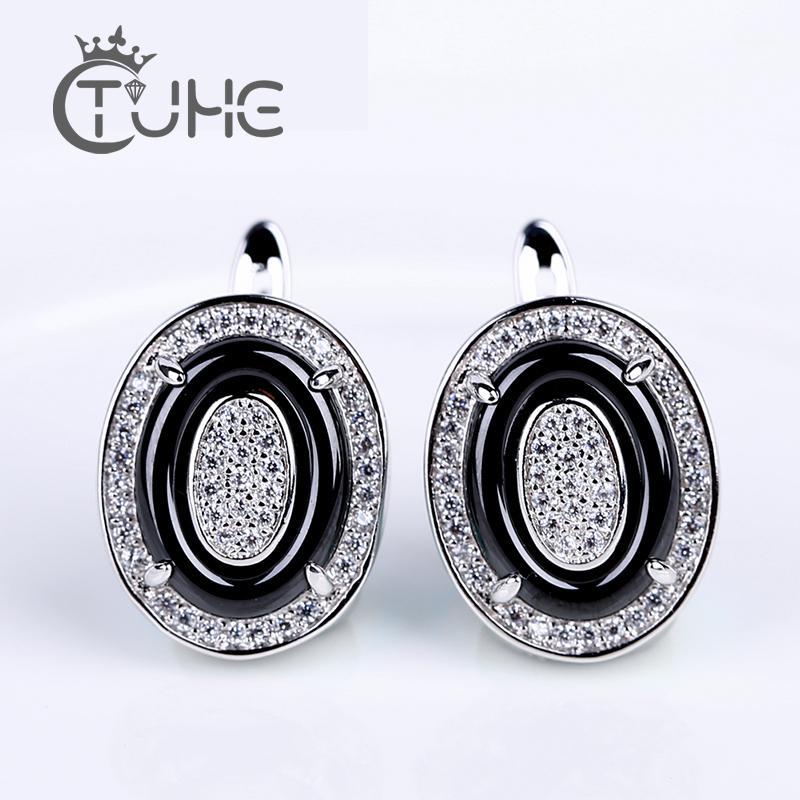 

Stud 2021 Luxury Silver Color White Stone Oval Earrings For Women Shinning CZ Ceramic Jewelry Statement Jewelry1