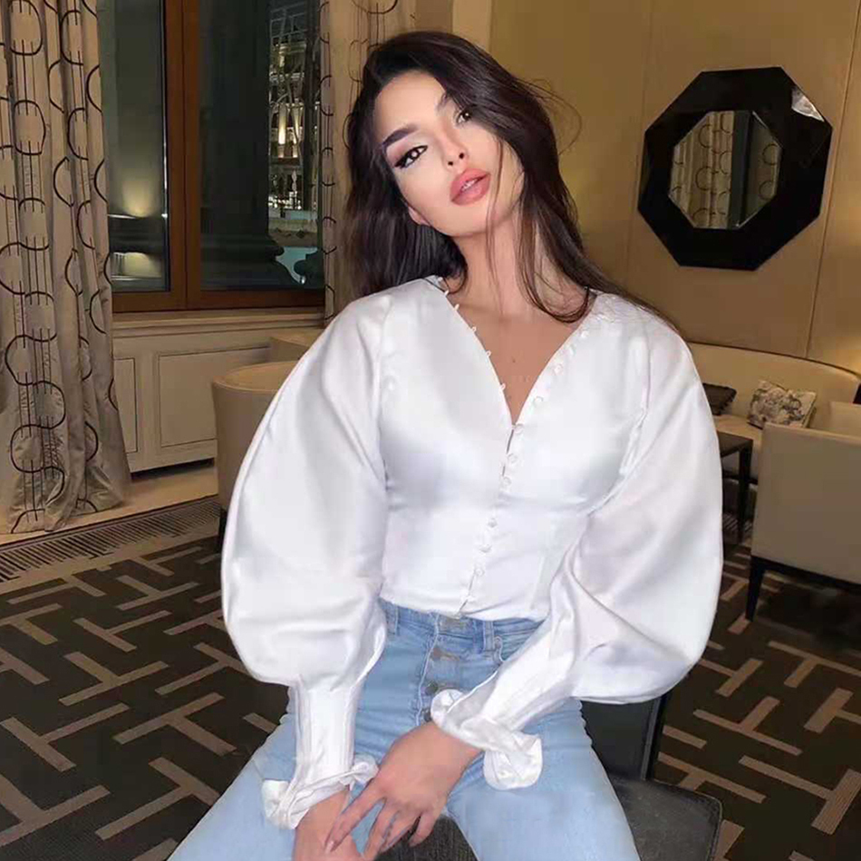 

New 2020 Autumn Single-breasted Ladies Puff Skinny White Sleeve Short Blouse Party High Street Clothes E8d7