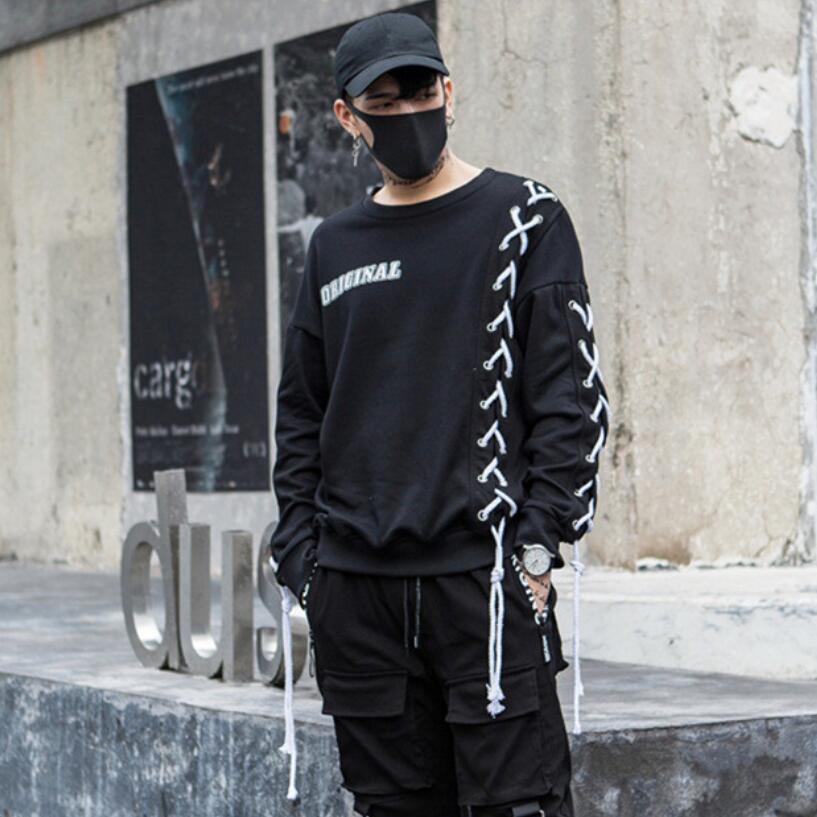 

2021 Men Autumn Fashion Lacing Bandage Hip Hop Streetwear Hoodie of Large Dimensions Male Hiphop Sweatshirt 0xro, Black