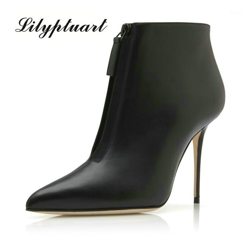 

European and American style pointed toe large size 46/47 women's boots super high stiletto front zipper winter boots1, 11cmblack single li