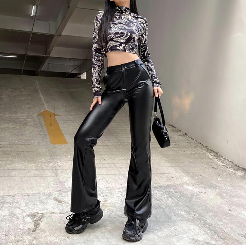 

2021 Autumn Sexy Lean Leather High-waisted Women' Pu Streetwear High Quality Extended Trousers P2112 Solid Pants Evt6, Black