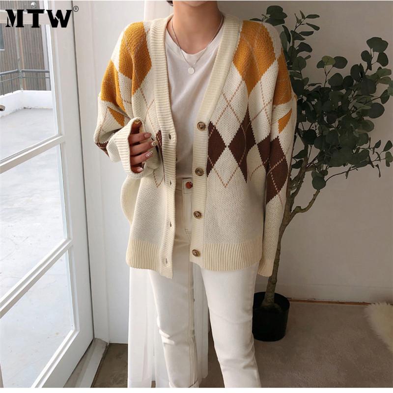 

Women Autumn Warm Knitted Sweaters Casual V-Neck Long Sleeve Outerwear Tops 2020 Vintage Loose Plaid Cardigan, Yp049black