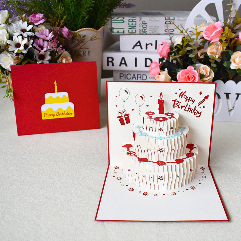 

3D Pop UP Happy Birthday Greeting Cards Laser Cut Birthday Cake Greeting Card Postcards Gifts Card with Envelope Stickers