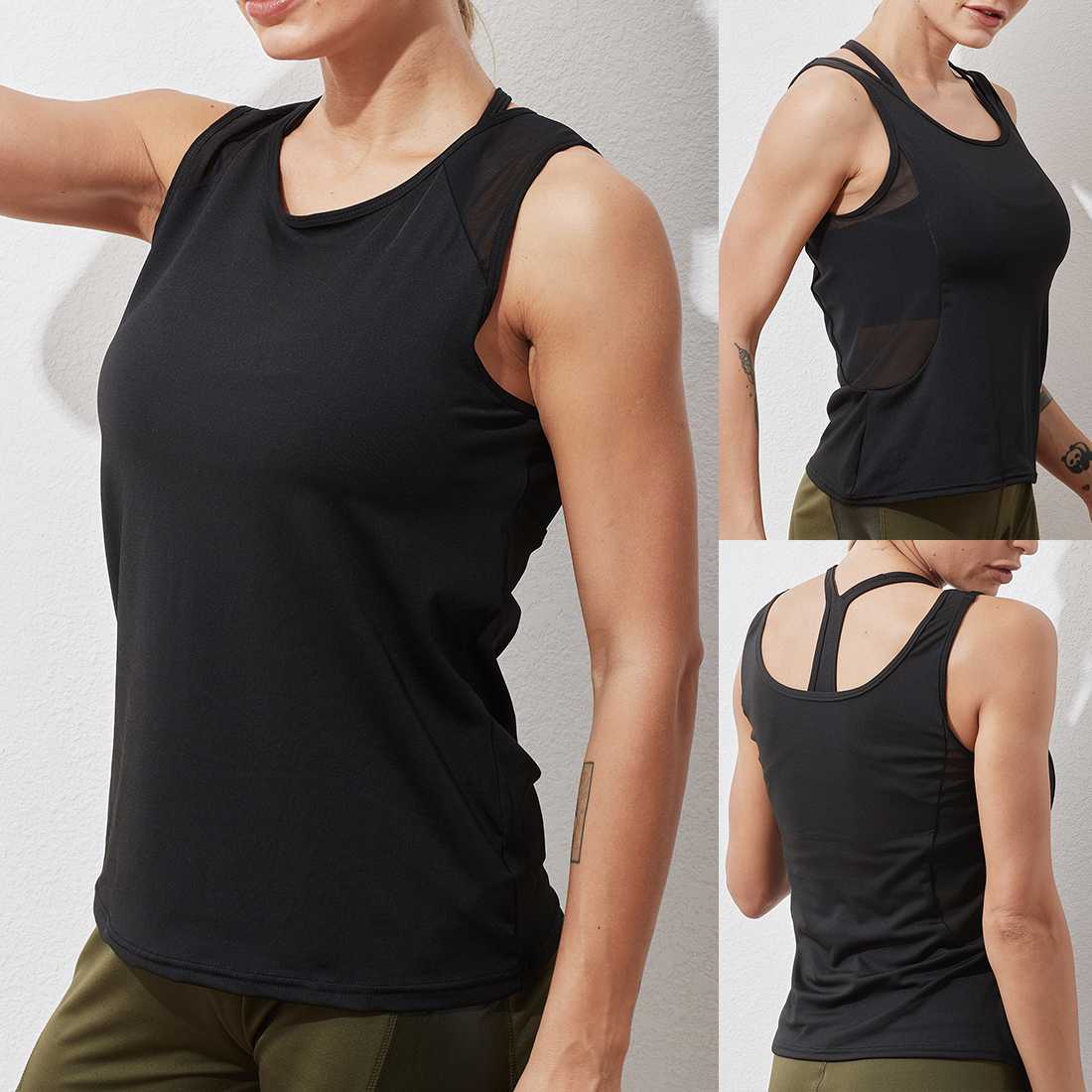 

Ladies Tracksuits Solid Color Sleeveless Top Stitching Color Sports Shorts Skinny High Waist Pants Running Yoga Sportswear, Black top