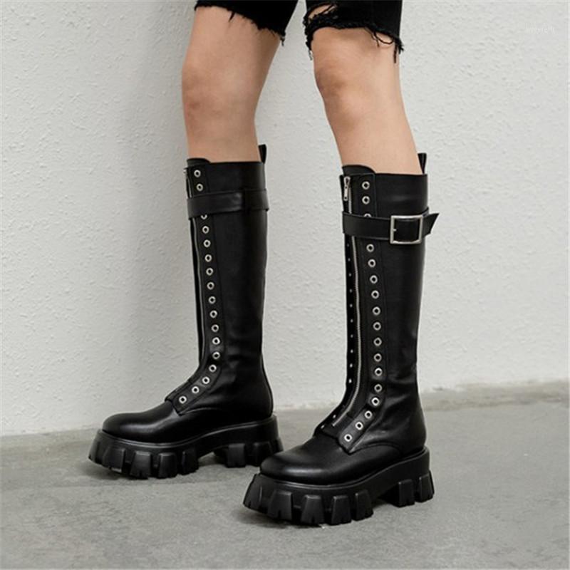

PXELENA 2020 Autumn Genuine Leather Punk Rock Gothic Motorcycle Knee High Boots Women Front Zipper Chunky Platform Combat Shoes1, Cow leather