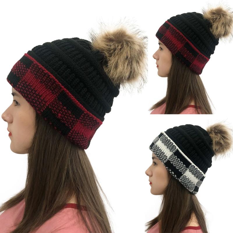 

Women Winter Warm Hat Women Casual Plaid Stitching Outdoor Plush Hats Crochet Knit Beanie Cap Fashion Daily Hat 2020, Bk