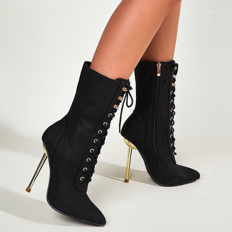 

Women Mid Calf Boots Autumn Winter Lace Up High Heels Ladies Shoes Black Pointed Toe Metal Stiletto Cross Strap Female Boots1