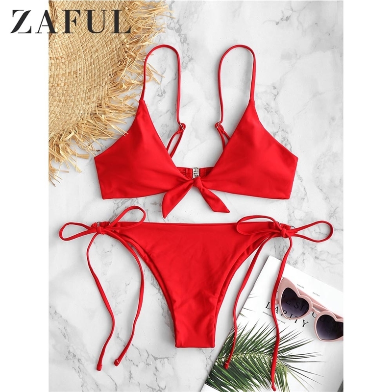 

ZAFUL Knotted String Bikini Set Spaghetti Straps Women Swimsuit Solid Basic Swimwear Lcae Up Summer Bathing Suit Sexy Biquini Y200319, Grayish turquoise