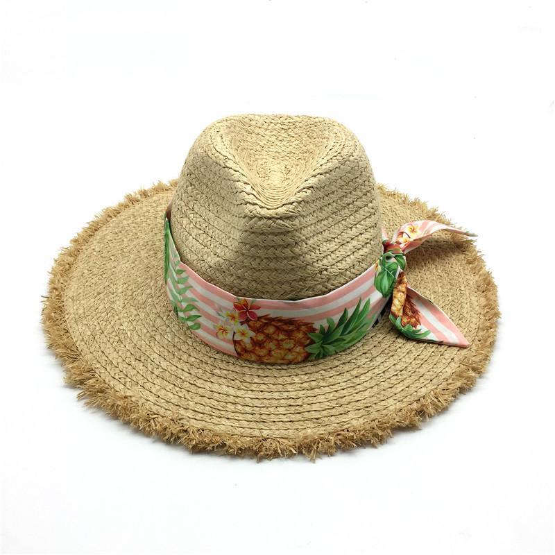 

Girls Solid Natural Floral Printed Band Fedora Raffia Straw Hat Women Summer Beach Hat Raffia Panama Straw with Tassel Brim1, Color b