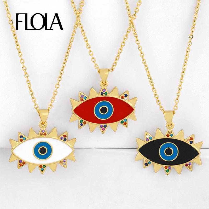 

FLOLA Cubic Zirconia Blue Evil Eye For Women With Stone Enamel Greek Eye Necklaces Rainbow CZ Gold Statement Jewelry nkeq401