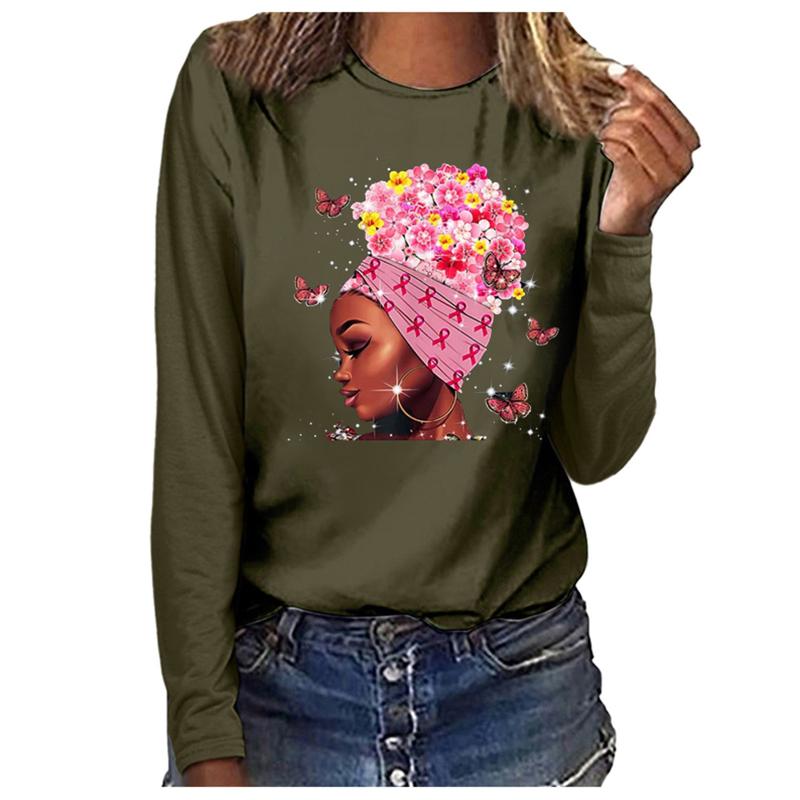

Plus Size Shirts For Women Long Sleeve Top Autumn Blusas Breast Cancer Top Casual Long Sleeve O-neck Pullover Blouse Chemise, Black