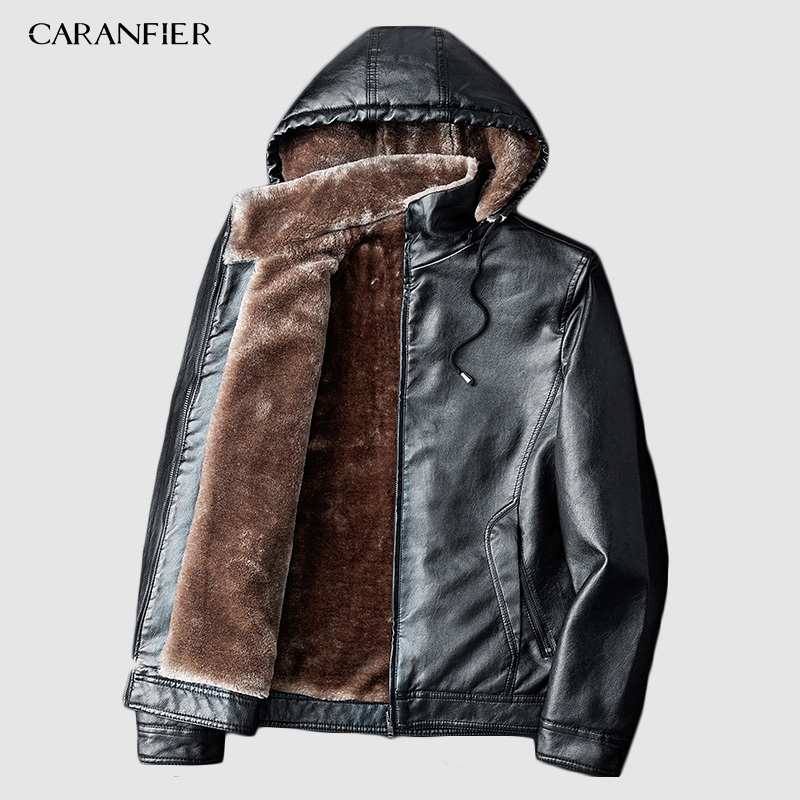 CARANFIER Winter Mens Leather Jackets Warm Coats Plus Thick Outerwear Biker Motorcycle Male Classic Hooded Faux Jacket Windproof 201120Z