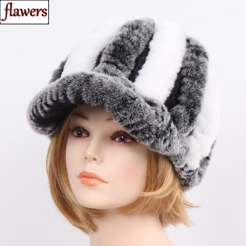 

New Knitted Winter 100% Natural Rex Fur Hat Women Warm Genuine Rex Fur Hats Russian Female Elastis Real Cap1, Grey and white