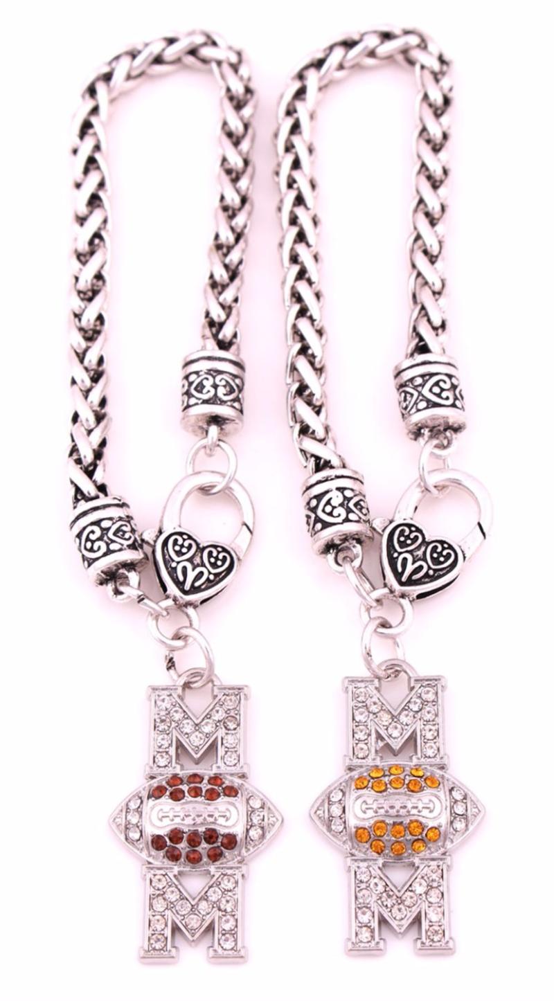

Drop Shipping antique sliver plated zinc studded with sparkling crystal MOM FOOTBALL sporty charm bracelet