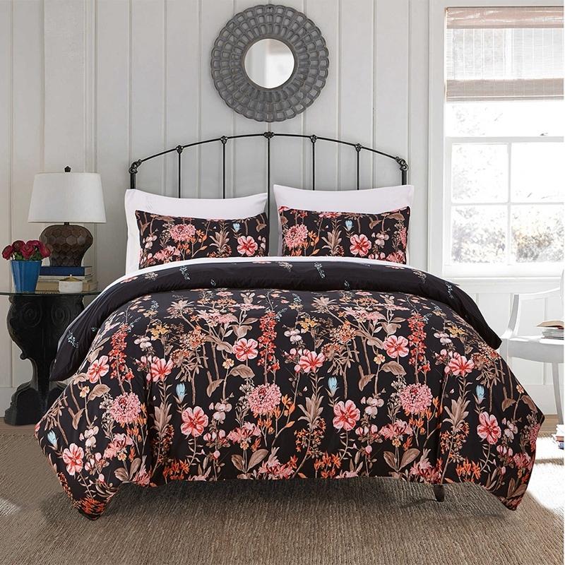 

Floral print on Black Duvet Cover set US Queen King  size Vibrant Bright Coloful Boho Bedding set Soft Breathable Microfiber, Color 19