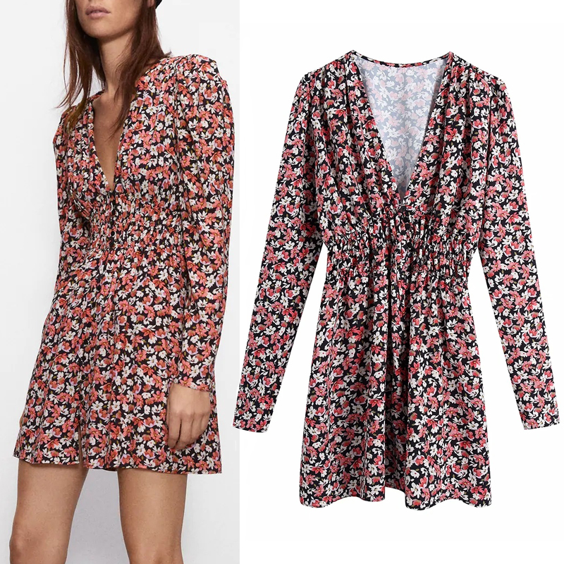 

2021 New Floral Print Mini Women Fashion with Shoulder Pads Long Sleeve v Neck Short Dress Woman Elastic Waist Elegant Dresses X1lz