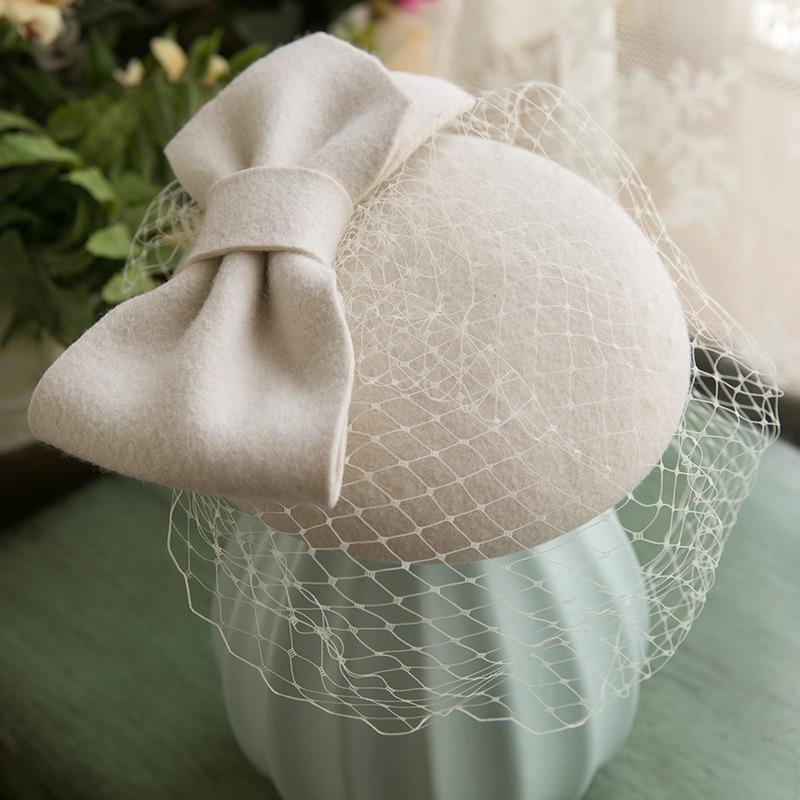 

2020 Pure Wool White Large Bow Fedora Cap Vintage Face Veil Mini Wedding Bride Hat Headdress Autumn Spring Party Hat New