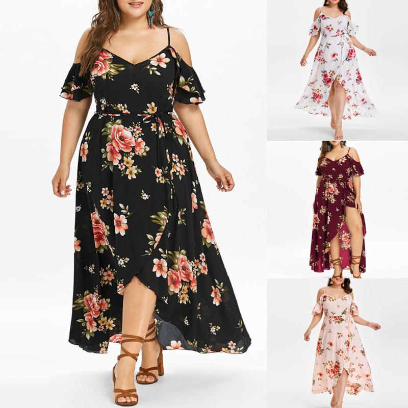 

Plus Size 5XL maxi dress Women Boho style Casual Short Sleeve Cold Shoulder Flower Print Long beach Dresses, Wine