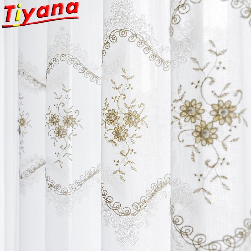 

European and American Pearl Embroidery Tulle for Living Room White Sheer Voile Tulle Pearl Curtains Hot Sale Curtains M200#201, Tulle 02