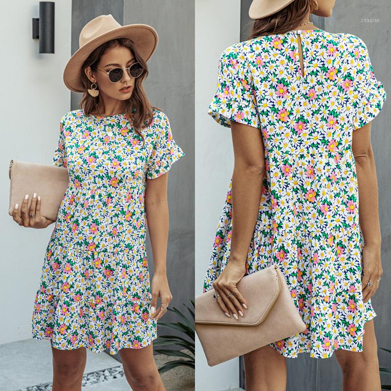

Women Summer Boho Mini Dress Casual O Neck Short Sleeve Ruffles Dot Floral Leopard Print Beach Dress Eleagnt Sundress Vestidos1, Brick red
