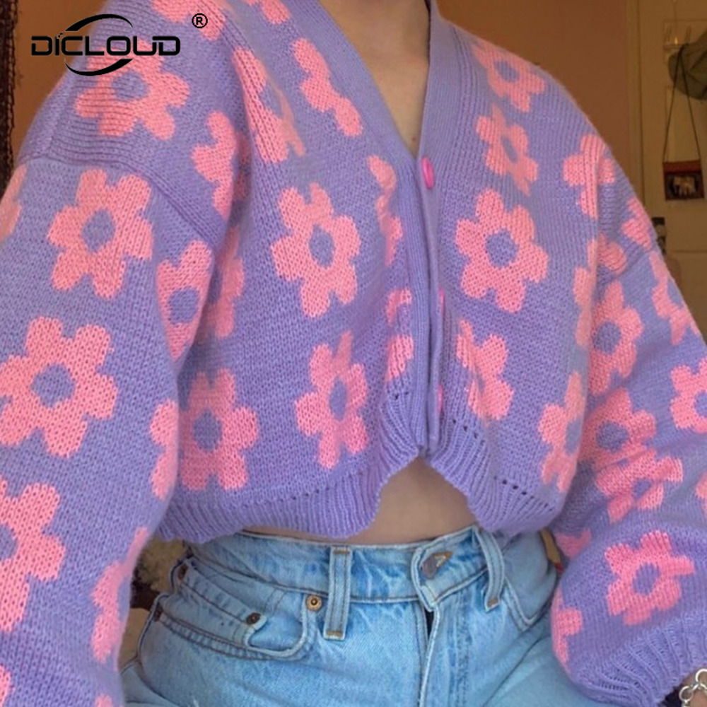 

Vintage Fashion Sweet Sunflower Coat Women Autumn Street Chic Cropped Cardigan Knit Jacket Femme Harajuku Girls Sweater, Tan;black