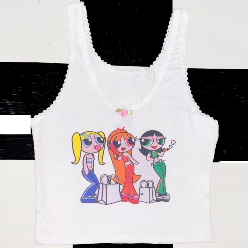 

Cool White Lace Tank Top Women Summer Streetwear Cartoon Powerpuff Print Cropped Tshirts Cute Sleeveless Vest Drop Ship Y200422, Pink