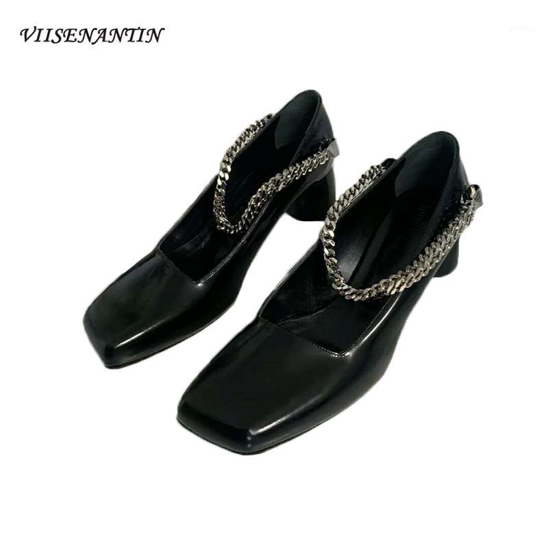 

New British Style Mary Jane Shoes Shallow Mouth Metal Chain Square Toe Thick Heel All-match Retro Single Shoes Women 2020 Summer1, Black
