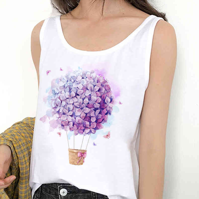 

Summer Women Fashion Female Camisoles Sexy Vest Tank Tops T-shirt Flowers Print Harajuku Casual Sleeveless Streetwear, White