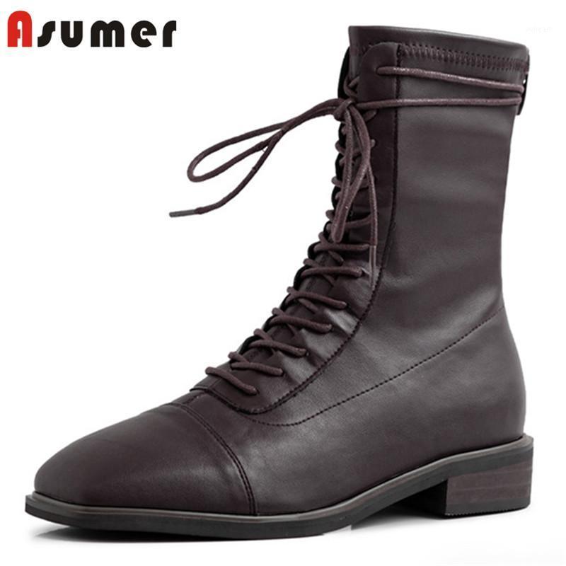 

ASUMER 2020 new arrival ankle boots women zip lace up low heels casual shoes comfortable simple autumn winter boots woman1, Brown