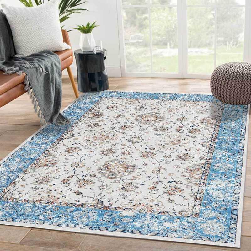 

Persian Style Living Room Area Rugs Small Fresh Blue Flowers Sofa Coffee Table Balcony Floor Mat Bedroom Bedside Non-Slip Carpet1, Carpet4