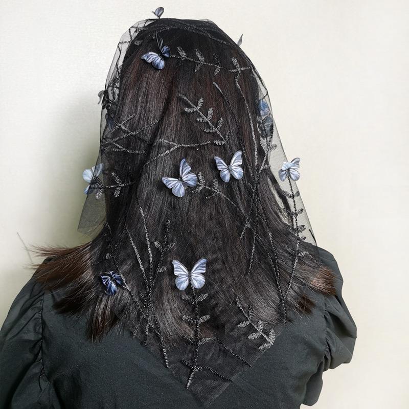 

women Lace head scarf shawl embroidery butterfly dragonfly flower feather hijab hair scarf With headband Catholic Mantilla Veil