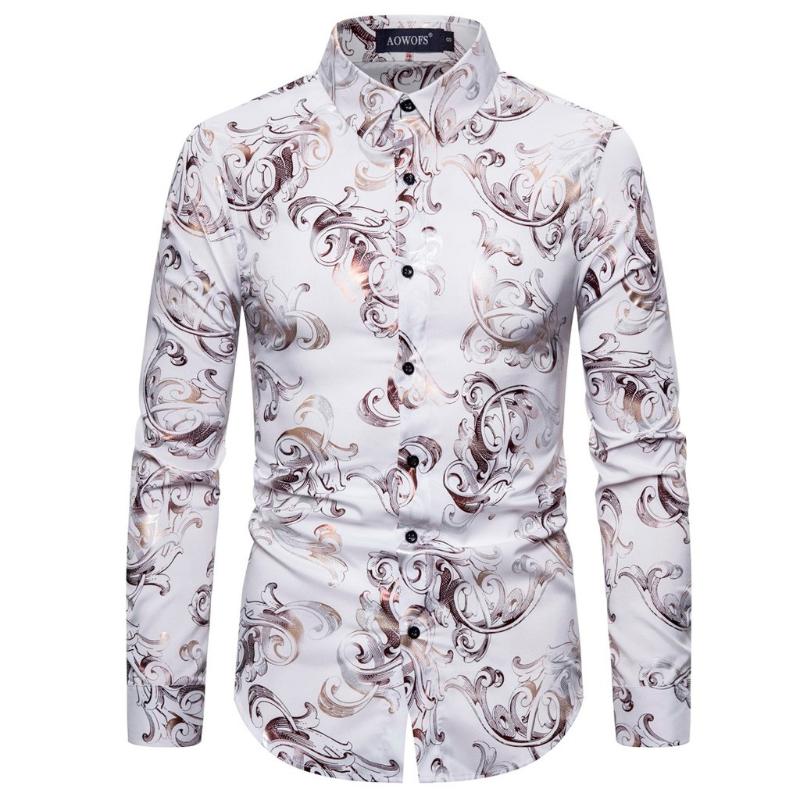 

Mens Ethnic Style Vintage Printing Slim Long Sleeve Dress Shirt Blouse Tops, Black
