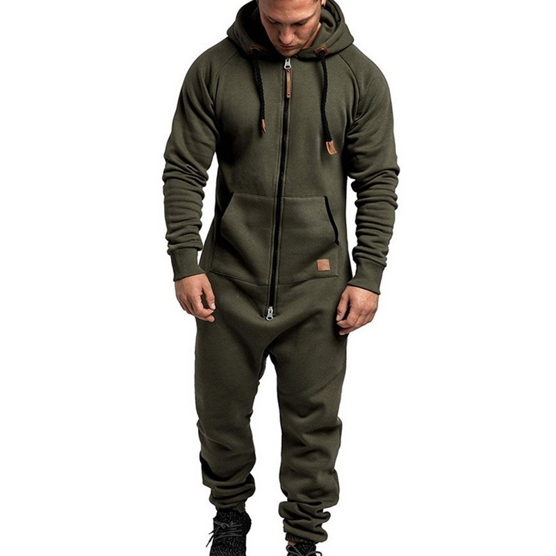 

Men's Suit Jumpsuit Garment Pyjama Winter Men Splicing Hoodie One-piece Pajamas Sets Loose Zipper Overalls Hombre Tracksuits 201201, Red