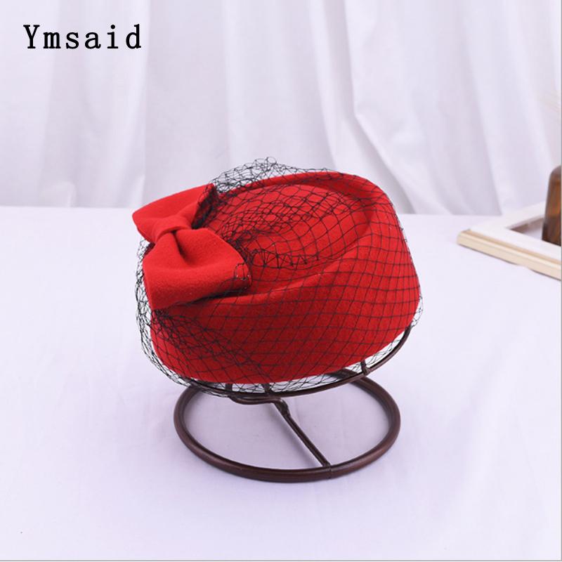 

Elegant Female 100% Wool Bow Gauze Black Fedora Hat England Style Vintage Winter Women Felt French Beret Hats Bone Feminino, Red