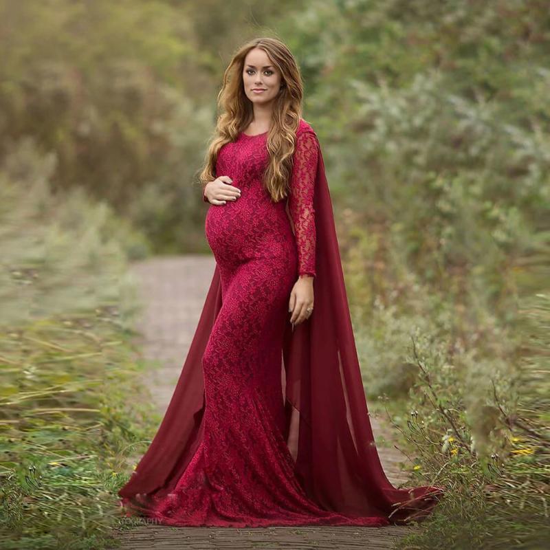 

Maternity Dresses 2022 Dress For Po Shoot Maxi Gown Long Sleeves Lace Stitching Fancy Women Pography Props, White