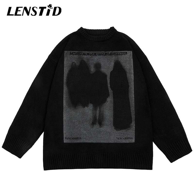 

LENSTID Autumn Men Oversized Knitted Jumper Sweaters Hip Hop Graphic Print Streetwear Harajuku Loose Fashion Casual Pullovers, Black