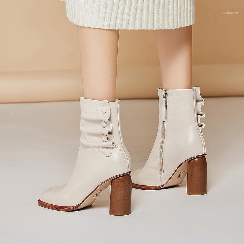 

ankle boots women new winter shoes genuine leather pleated round toe high heels shoes keep warm ankle boots mujer1, Beige