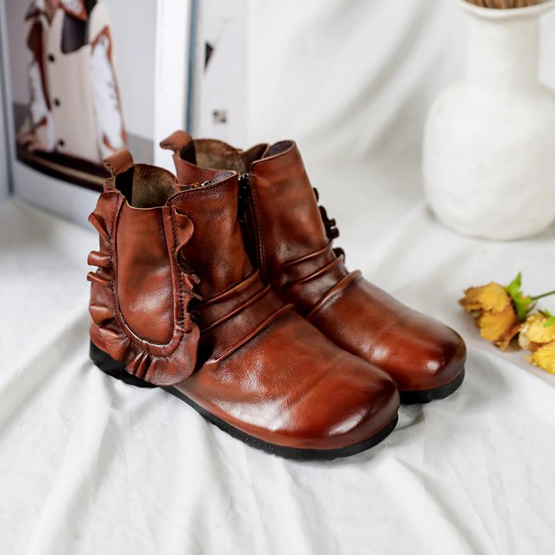 

Tayunxing New Handmade Shoes Genuine Leather Winter Lotus Leaf Ruffles Design Side Zipper Comfort Low Heel Women's Boots 9881-9A, Brown