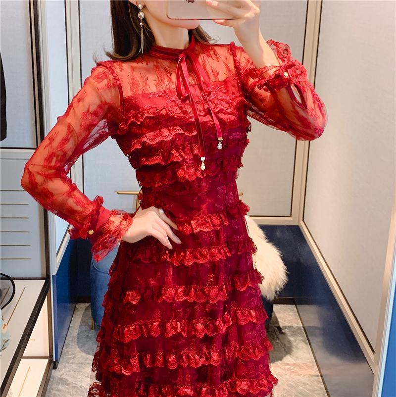 

2021 New Fall Black Lace Women with Long Sleeves in Cascade Plied the Elegant Casual Neck Dressed As a Ladies'party Track Design U05z, Burgundy