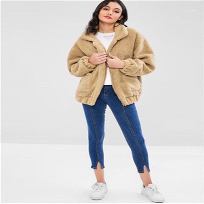 

Autumn winter explosions long-sleeved zipper plush jacket jacket female Europe and America solid color women pocket casual coat1, J1