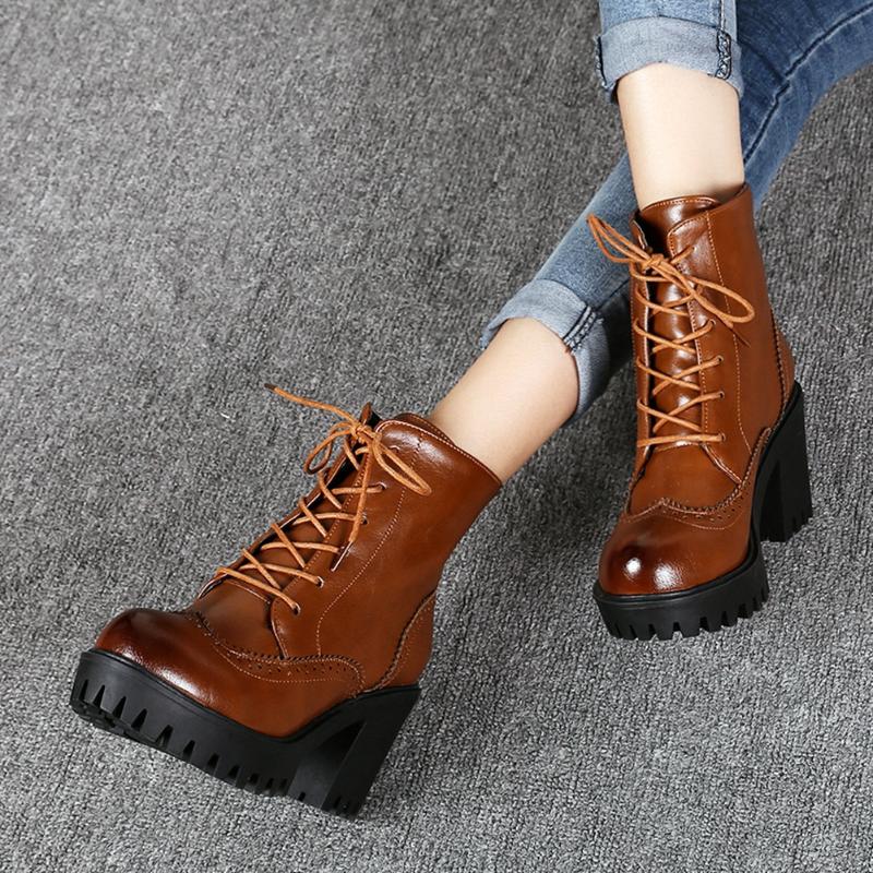 

For Doropship Skidproof Platform Square High Heels Plus Size Work Ankle Booties Vintage Brogue Casual Shoes Women Boots Female, Black