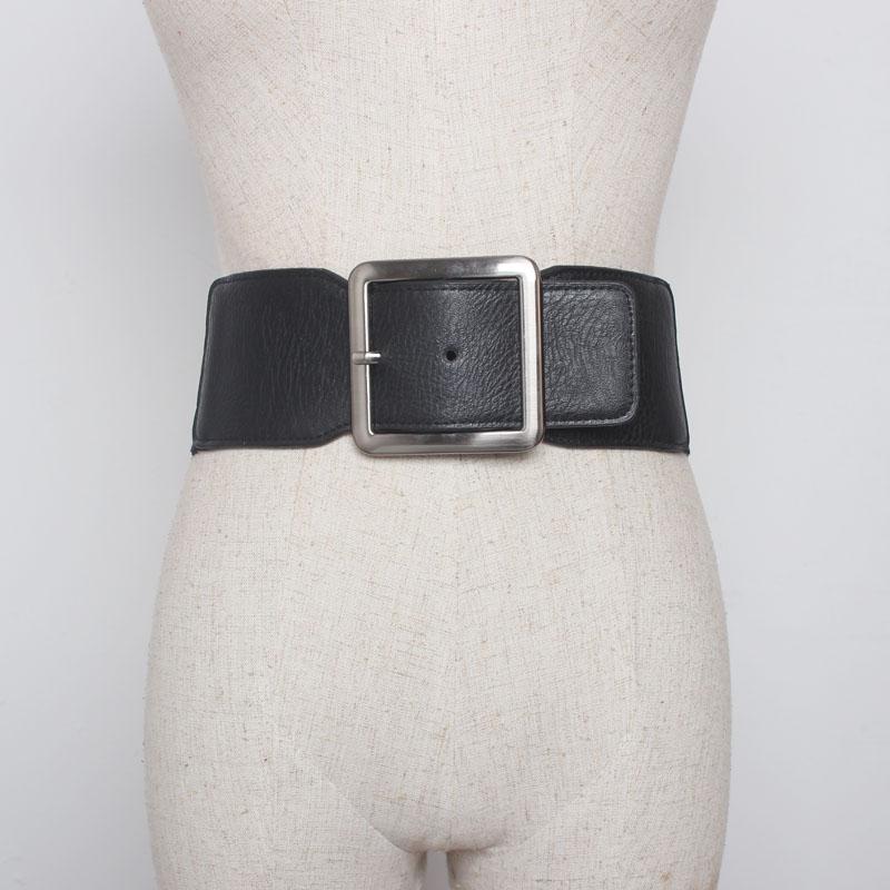 

Fashion Women Elastic Wide Belts Designer Brand Square Buckle Waist Strap Vintage Lady Dress Coat Sweater Decorative Waistband, Black