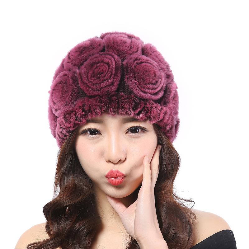 

Handmade Women's Fashion Natural Knitted Rex Fur Hats Female Genuine Winter Women Fur Caps Lady Headgear Beanies THO2A, Black