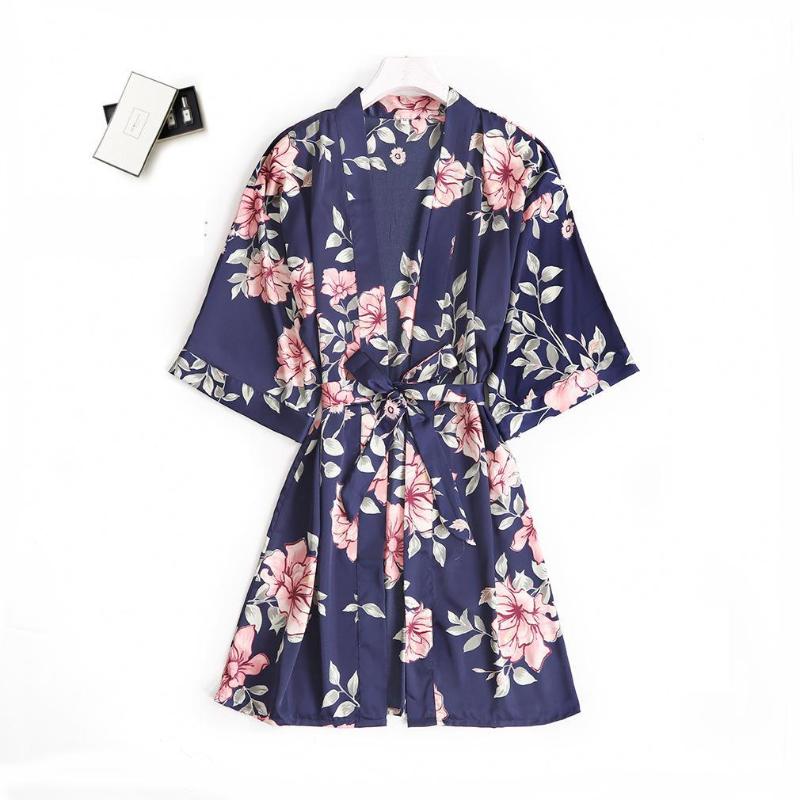 

New Print Flower Kimono Gown Single Robe Night Gown Satin Soft Home Clothes New Summer Kimono Half Sleeve Intimate Lingerie, White