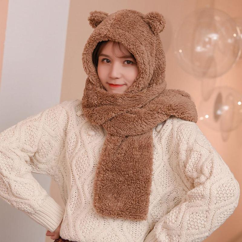 

Women Winter Warm Cute Bear Ears Cap Knit Windproof Neck Scarf Cap Student Cashmere Soft Plush Hooded Bear Hat Scarf girl Gift, Black