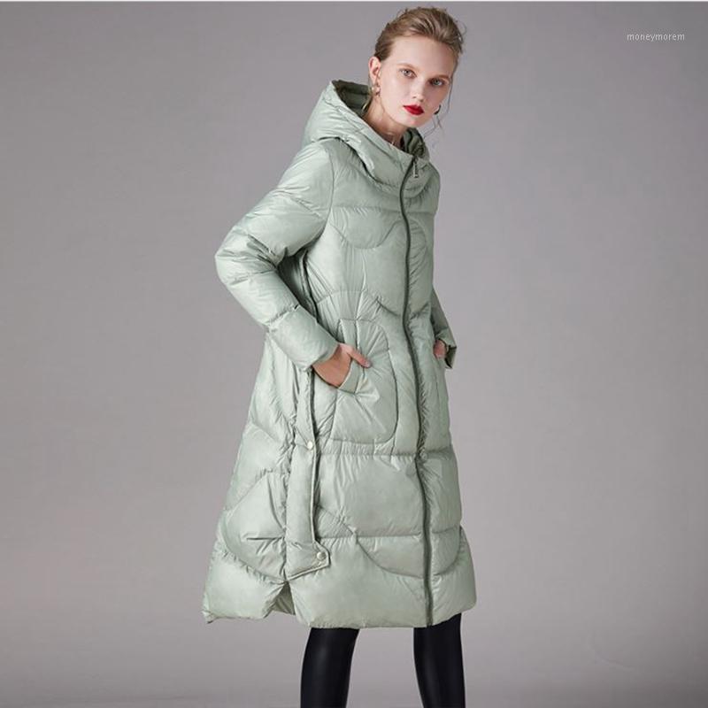 

New style long down jacket Women thick loose clothes with a hood leisure female duck down coats pocket pure color warm overcoat1, Color same picture