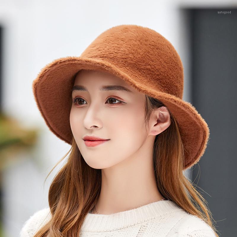 

Stingy Brim Hats Autumn Winter Fashion Imitation Mink Big Fisherman Hat Women Velvet Keep Warm Bucket Foldable Versatile Solid Sun Cap1, Black