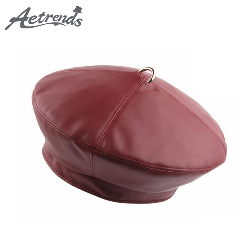 

AETRENDS] Vintage PU Leather Berets with Metal Ring Top Women Hat Beret Flat Cap Z-6843, Khaki